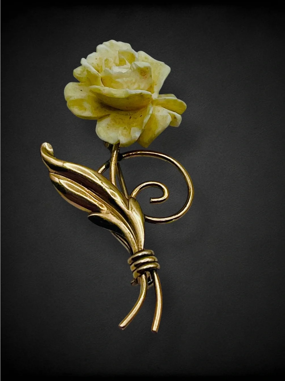 Beautiful Vtg 12K GF Carved Celluloid White Rose Flower Brooch Pin Mid Centur